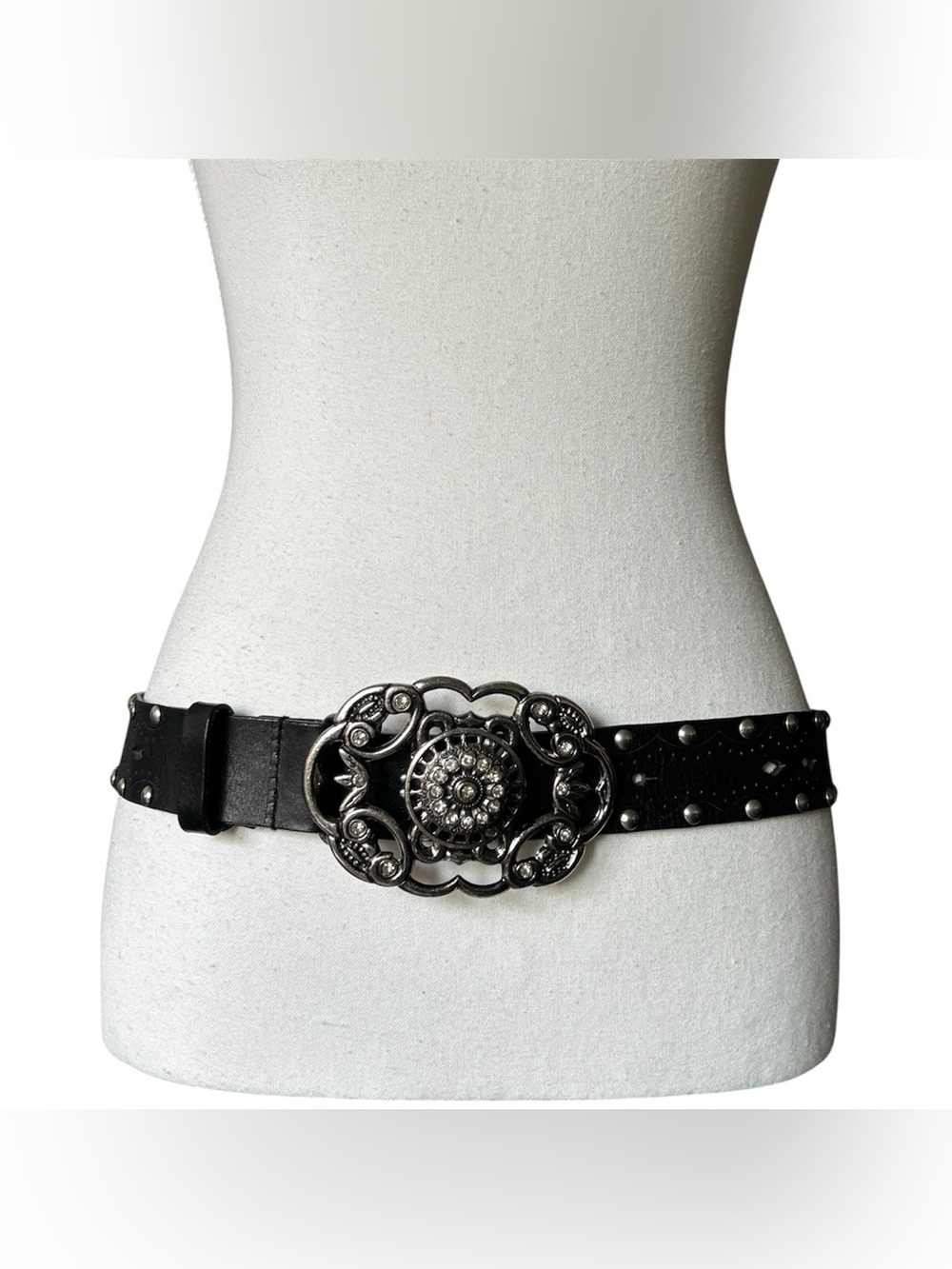 Y2K Grunge “ALDO” Brown Leather & Silver Rhinestone Chunky Buckle Belt